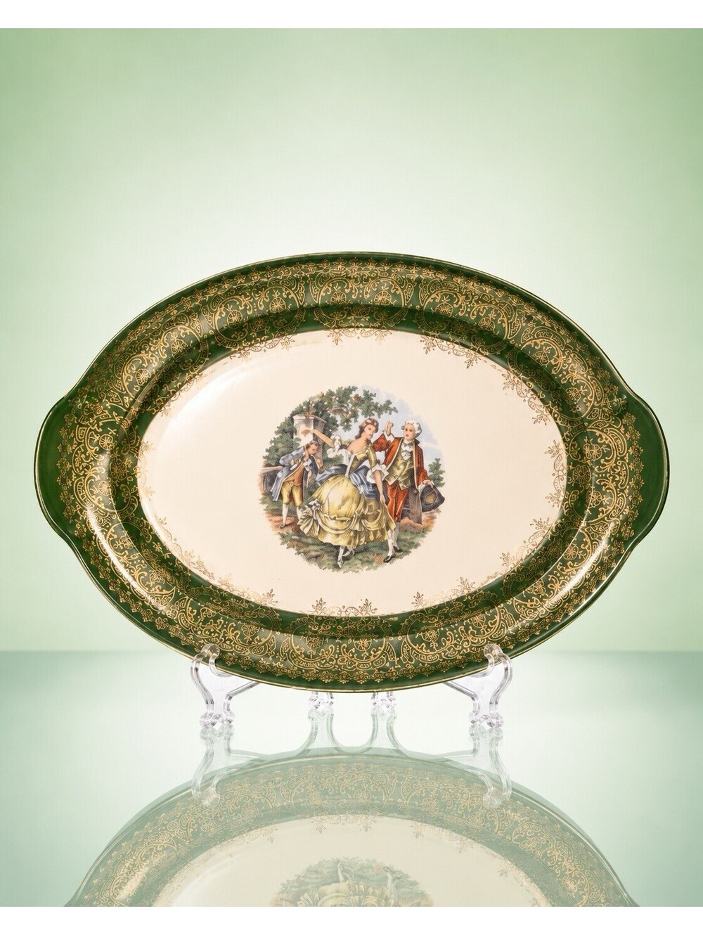 Taylor Smith Taylor 1940s Oval Platter Colonial Couple Scene Green Gold 13.5x9.5